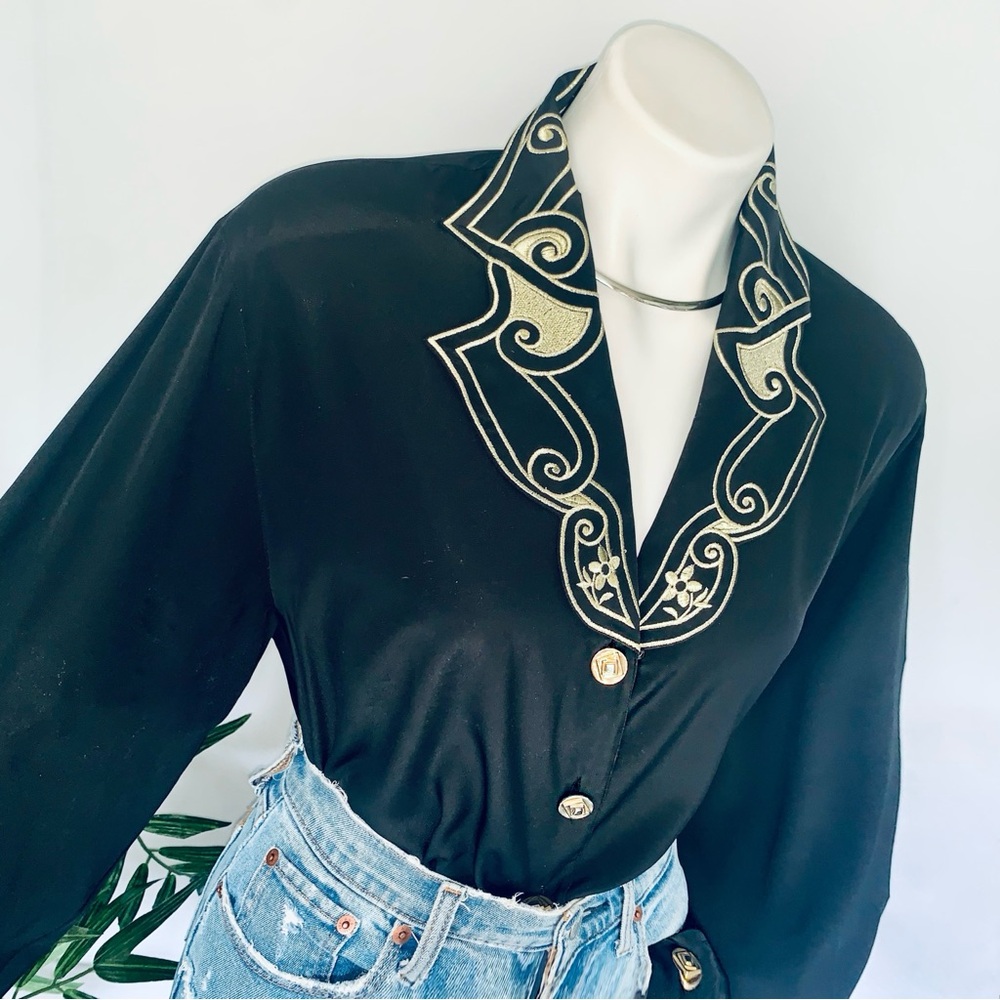 Vintage Black Blouse with Gold Embroidered Collar